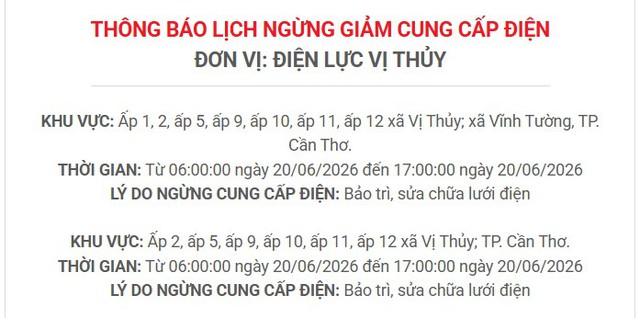 Lịch cúp điện TP. Cần Thơ (Hậu Giang cũ) từ ngày 17 - 21/6/2026: Nhiều hộ dân sáng sớm không còn điện để sử dụng - Ảnh 8.