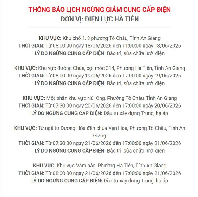 Lịch c&uacute;p điện An Giang (Ki&ecirc;n Giang cũ) từ ng&agrave;y 17 - 21/6/2026: C&uacute;p điện từ 7h đến 18h nhiều khu d&acirc;n cư - Ảnh 4.