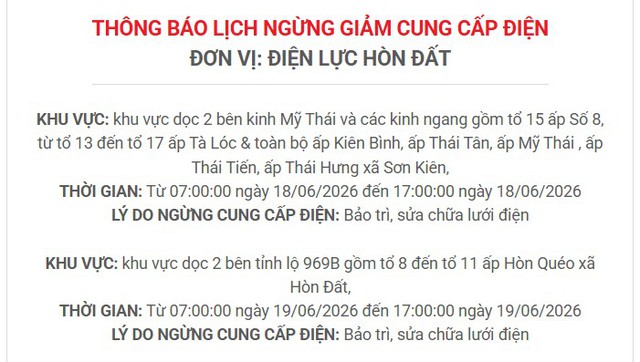 Lịch c&uacute;p điện An Giang (Ki&ecirc;n Giang cũ) từ ng&agrave;y 17 - 21/6/2026: C&uacute;p điện từ 7h đến 18h nhiều khu d&acirc;n cư - Ảnh 5.