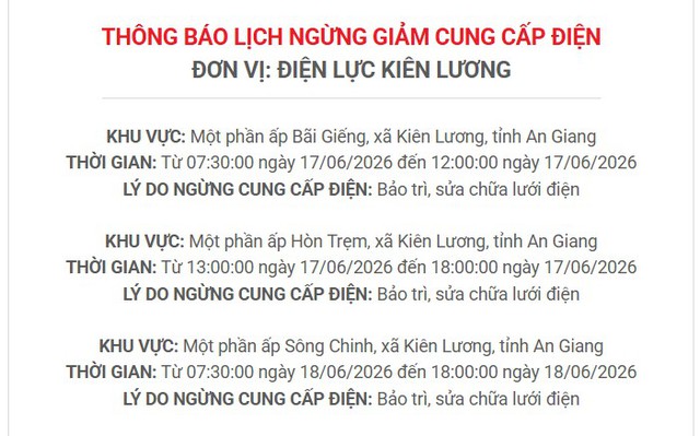 Lịch c&uacute;p điện An Giang (Ki&ecirc;n Giang cũ) từ ng&agrave;y 17 - 21/6/2026: C&uacute;p điện từ 7h đến 18h nhiều khu d&acirc;n cư - Ảnh 11.