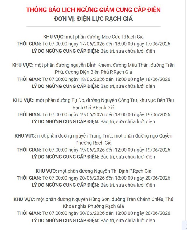 Lịch c&uacute;p điện An Giang (Ki&ecirc;n Giang cũ) từ ng&agrave;y 17 - 21/6/2026: C&uacute;p điện từ 7h đến 18h nhiều khu d&acirc;n cư - Ảnh 2.