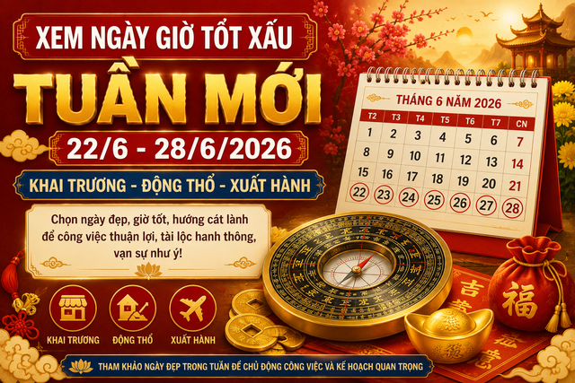 Xem ng&agrave;y giờ tuần mới 22/6 - 28/6/2026: Những ng&agrave;y đẹp để khai trương, động thổ, xuất h&agrave;nh đ&oacute;n t&agrave;i lộc - Ảnh 1.