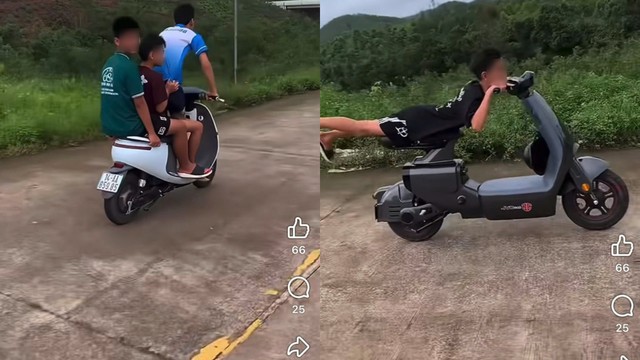 Xử l&yacute; nh&oacute;m thiếu ni&ecirc;n ở Quảng Ninh điều khiển xe m&aacute;y điện kẹp ba, nằm tr&ecirc;n y&ecirc;n xe khi lưu th&ocirc;ng - Ảnh 1.