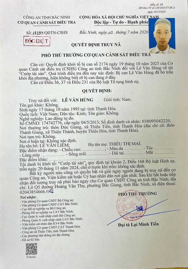 Công an Bắc Ninh thông báo truy nã “Đặc biệt nguy hiểm” đối tượng Lê Văn Hùng - Ảnh 2.