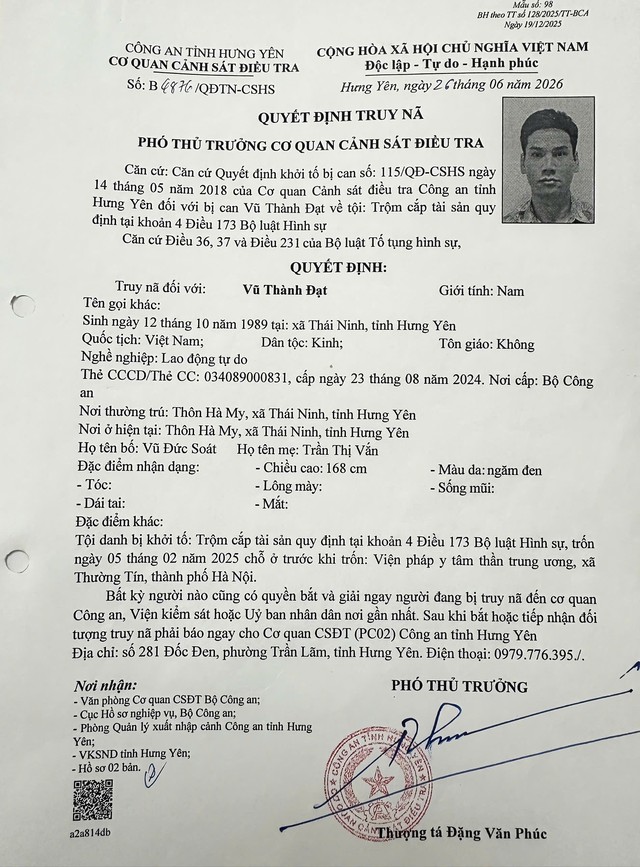 Hưng Yên: Bỏ trốn trong thời gian điều trị ở bệnh viện tâm thần, đối tượng trộm cắp bị truy nã - Ảnh 1.