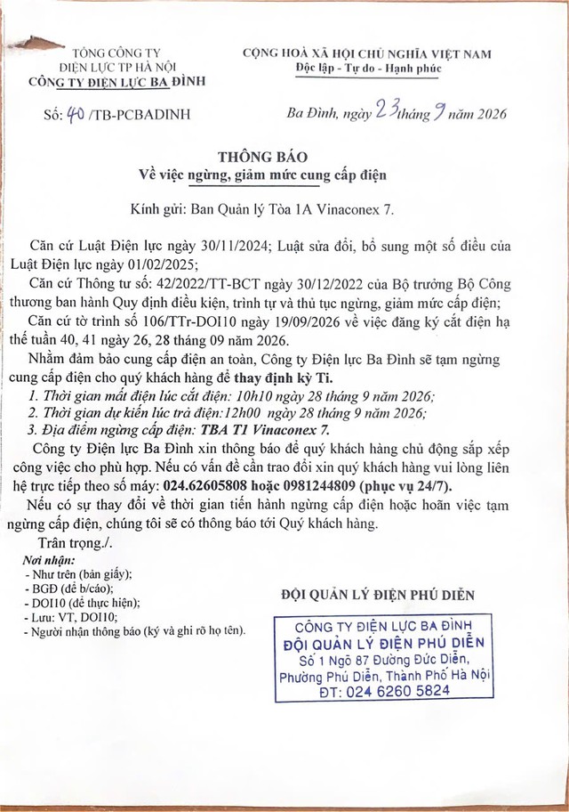 Lịch cắt điện H&agrave; Nội ng&agrave;y 28/9/2026: Những khu vực n&agrave;o sẽ nằm trong diện bị cắt điện để sửa chữa? - Ảnh 1.