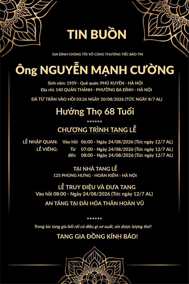 Mạnh Trường th&ocirc;ng b&aacute;o tang lễ của bố , nỗi buồn mất m&aacute;t lớn Trong năm 2026 - Ảnh 2.