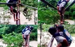 Vắt vẻo cõng con đi học qua dòng suối hung dữ