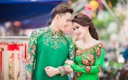 Vợ chồng Tú Vi - Văn Anh diện áo dài đôi dạo phố xuân