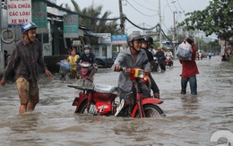 Sài Gòn: Triều cường đạt đỉnh, người lớn bì bõm dắt xe, trẻ nhỏ hớn hở nô đùa với nước