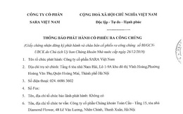 Công ty cổ phần SARA Việt Nam thông báo phát hành cổ phiếu ra công chúng