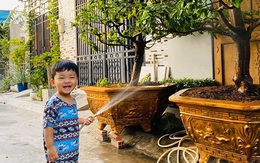 Con trai Hải Băng cầm vòi nước giúp bố mẹ chăm cây trước ngôi nhà phố tiền tỷ khiến ai cũng thích thú