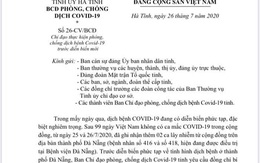 Bí thư Tỉnh ủy Hà Tĩnh ra công điện khẩn về phòng chống dịch COVID-19