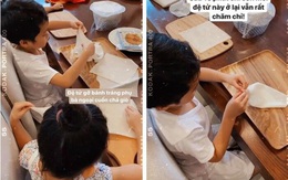 Mới 5 tuổi, con trai Tăng Thanh Hà đã ra dáng thanh niên khi vào bếp phụ mẹ nấu ăn