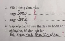 Bài tập lớp 1 yêu cầu sắp xếp câu Tiếng Việt, cậu nhóc viết 1 đáp án nhưng bị gạch sai, xem lời giải của giáo viên mà lú luôn