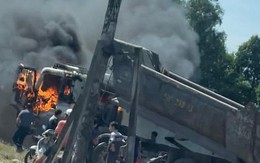 Xe ben cháy ngùn ngụt ở Bình Dương, công an lấy lời khai tài xế