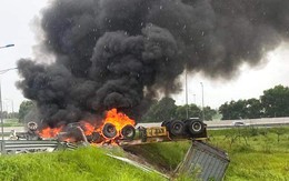 Xe ô tô đầu kéo bất ngờ bốc cháy ngùn ngụt trên cao tốc Hà Nội - Hải Phòng