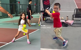 Biểu cảm trái ngược của cặp song sinh nhà Hồ Ngọc Hà khi chơi pickleball
