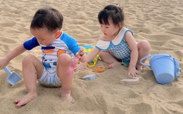 Cặp song sinh nhà Phương Oanh lại gây chú ý khi đi biển Đà Nẵng