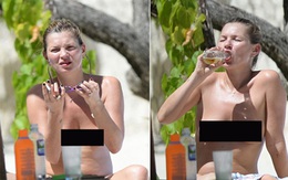 Siêu mẫu Kate Moss tự tin phơi ngực trần trên bãi biển ở tuổi 39