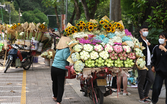 Xe chở hoa bán rong hồ Tây, chỉ cần đứng thôi cũng ra tiền