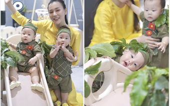 Cặp song sinh nhà Phương Oanh gây sốt với trang phục áo trấn thủ, mũ ca lô