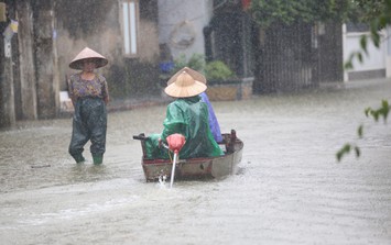 Sông Tích tràn bờ, dân ven đô Hà Nội chèo thuyền mua mì tôm, chăng lưới chắn rác trước nhà