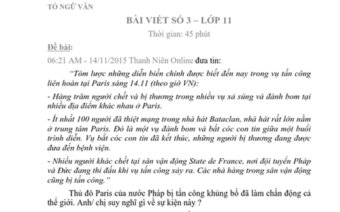 Khủng bố ở Paris vào đề kiểm tra môn Văn