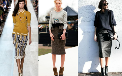 Cách phối áo len và chân váy bút chì hợp dáng người