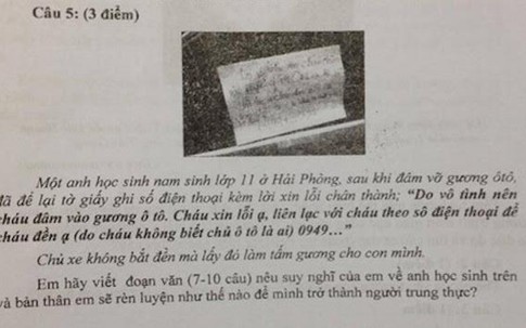 Đưa tình huống "lời xin lỗi khi đâm vỡ gương xe" vào đề thi học kỳ