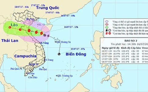 Tối nay, bão số 2 gió mạnh cấp 9 đi vào ven biển miền Trung