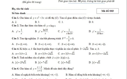 Đề tham khảo môn Toán: Đừng phụ thuộc vào máy tính cầm tay