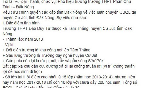 Phó hiệu trưởng lên Facebook kêu cứu vì bị luân chuyển