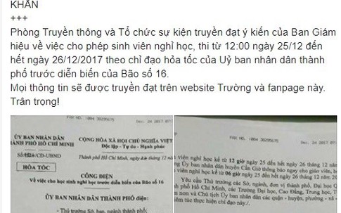 Các trường đại học tại TP.HCM hoãn thi để tránh bão Tembin