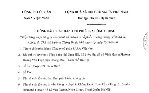 Công ty cổ phần SARA Việt Nam thông báo phát hành cổ phiếu ra công chúng