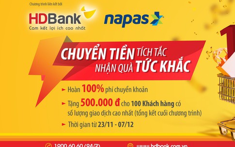 HDBank hoàn 100% phí chuyển khoản nhanh 24/7