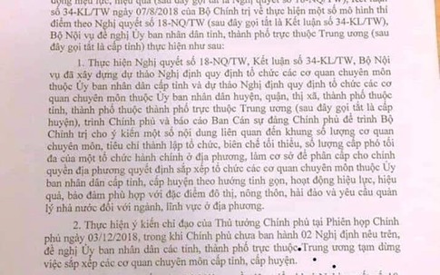 Tạm dừng việc sắp xếp các cơ quan chuyên môn cấp tỉnh, cấp huyện theo Nghị quyết số 18-NQ/TW