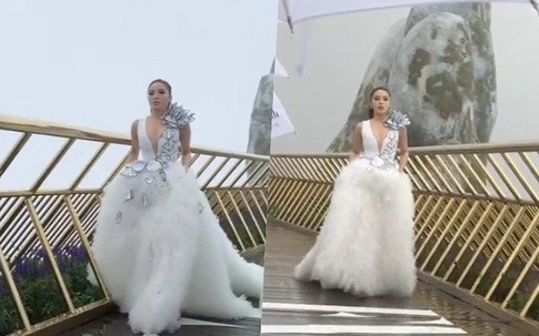 Hoa hậu Kỳ Duyên suýt trượt chân khi catwalk trong mưa tầm tã ở Bà Nà