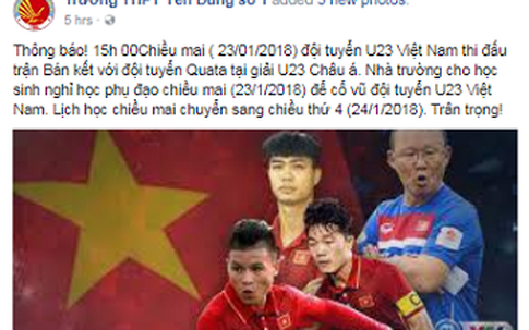 Trường cho học sinh nghỉ để cổ vũ đội tuyển U23 Việt Nam