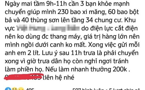 Cô gái bị mắng té tát vì tuyển người vác 230 bao xi măng lên tầng 34 với thù lao... 200.000 đồng