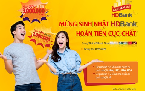 Ưu đãi hoàn tiền 50% khi sử dụng thẻ HDBank Visa