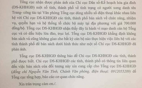 Tổng cục DS-KHHGĐ gửi công văn đến các Chi cục Dân số về việc có người mạo danh Tổng cục để bán sách