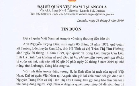 Hai lao động Hà Tĩnh bị cướp sát hại tại Angola