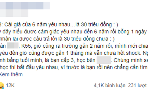 Bị bạn trai 'đá' sau 6 năm yêu nhau, cô nàng cay đắng: 'Cái giá của 6 năm thanh xuân là... 30 triệu đồng?'