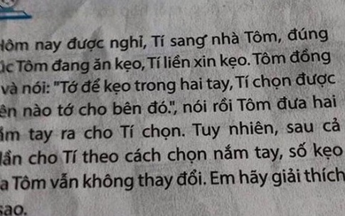 Toán lớp 3: Kẹo nằm ở 1 trong 2 tay Tôm, nhưng Tí chọn 5 lần không trúng, lời giải gây bất ngờ
