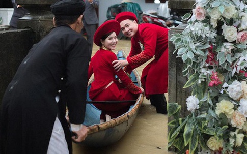 Đám cưới mùa mưa lũ ở Huế: Rước dâu bằng ghe và xe ben, khách mời xắn cao ống quần, lội nước tới chung vui