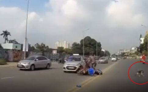 Xe máy nằm "ngửa bụng" sau va chạm với taxi, người đàn ông cuống cuồng chạy theo chó cưng để bạn gái nằm dưới đường gây xôn xao