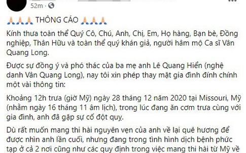 Vân Quang Long ra đi ngay khi đang ăn cơm trưa cùng gia đình tại Mỹ