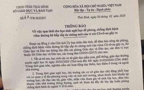 Xuất hiện thông báo "giả" cho học sinh tỉnh Thái Bình nghỉ học hết tháng 3 vì dịch bệnh COVID-19