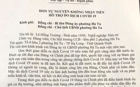 Lá đơn tự nguyện của người cựu binh không nhận tiền hỗ trợ dịch COVID-19